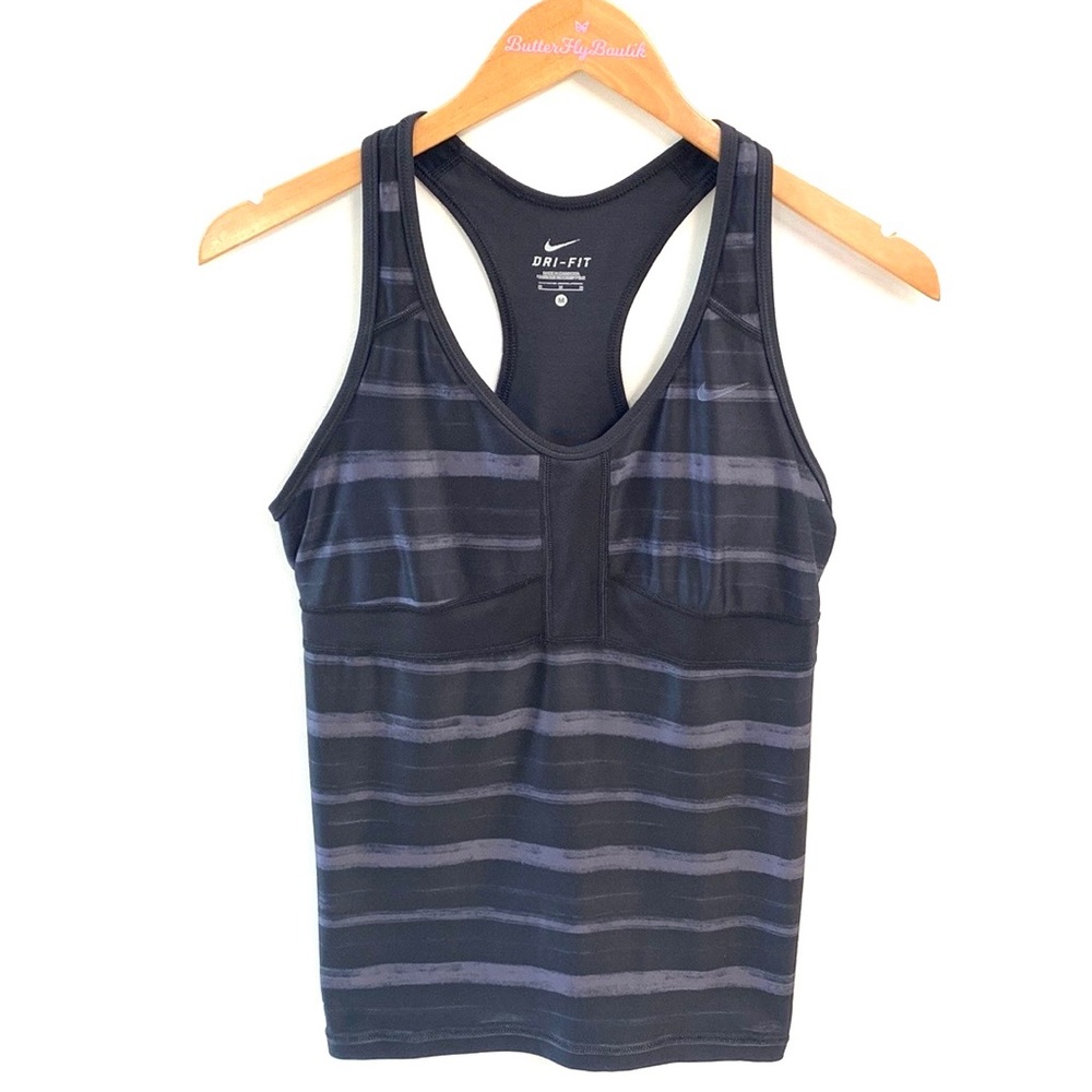 Nike Women's Dri-Fit Racerback Workout Active Yoga Gray Black Striped Mesh Top M